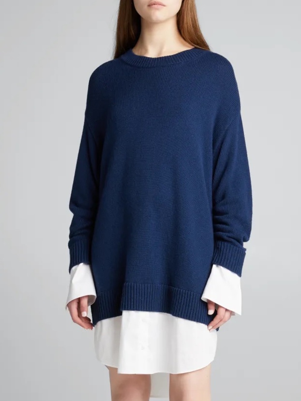 EUC Cinq à Sept Cashmere Wool Blend Peekaboo Shirting Ruched Navy Sweater Dress